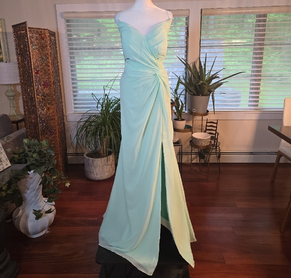 NWT JJs HOUSE Chiffon Draped Pleated Fit & Flare Formal Gown Sz 16 Mint Green